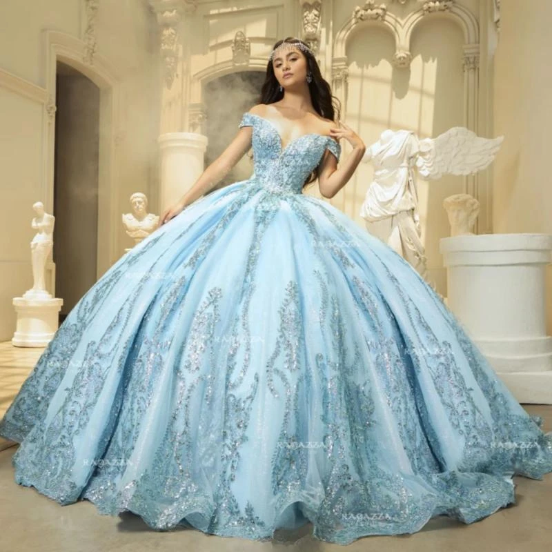 Sky Blue Shiny Ball Gowns Quinceanera Dresses Girls Sweetheart Sequin Appliques Lace Beads Tull Lacing up Vestido De 15 Anos