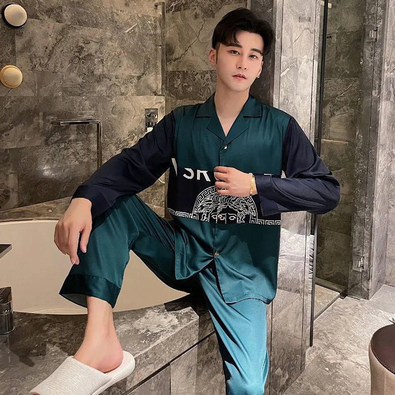 

Rayon Men Pajamas Set Sexy Sleepwear Long Sleeve Pants Suit Print Letter Trouser Suits Loose Home Clothes Button Down Homewear