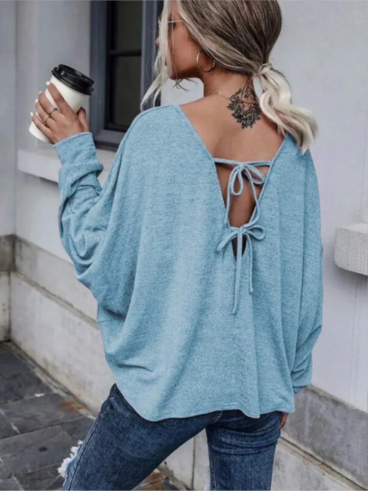 Spring Autumn Women's New Solid Color Loose Sexy Hollow Lace Open Back Shoulder Casual Comfortable Round Neck T-shirt