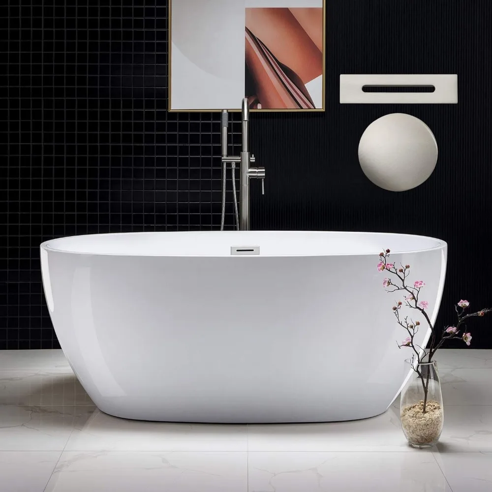 

59"Freestanding White Acylic Soaking Bathtub with Brushed Nickel Drain and Overflow Easy Clean and Maintenance Luxury Comfort