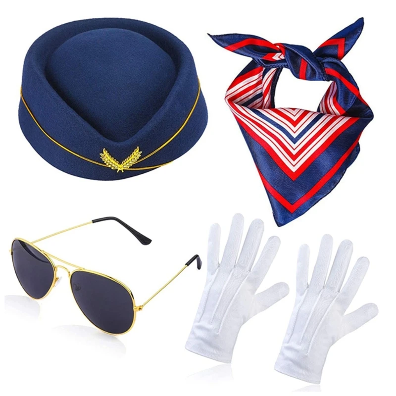 2024 New Stewardess Hat Stewardess Costume Airplanes Brooch Pin Stewardess Neck Scarf Stewardess Gloves Stewardess Accessories