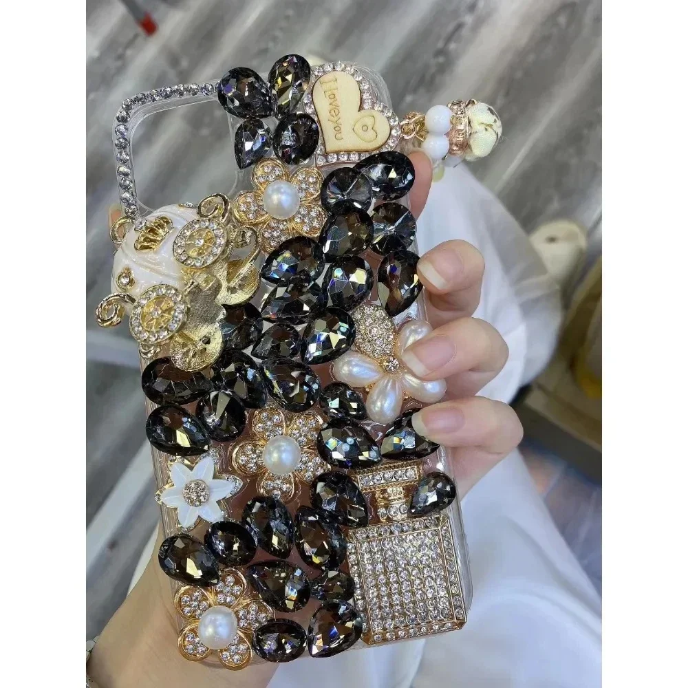 Luxury 3D Diamond Phone Case for iPhone 14, 15, 13, 12, 16 Pro Max, Perfume, Pumpkin, Rhinestone Back Cover