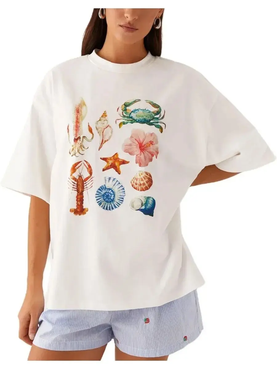 Fashion Fun Seafood Print T Shirts Women American Vintage Short Sleeve Tees Korean Streetwear T-shirts Kawaii Y2K Clothes