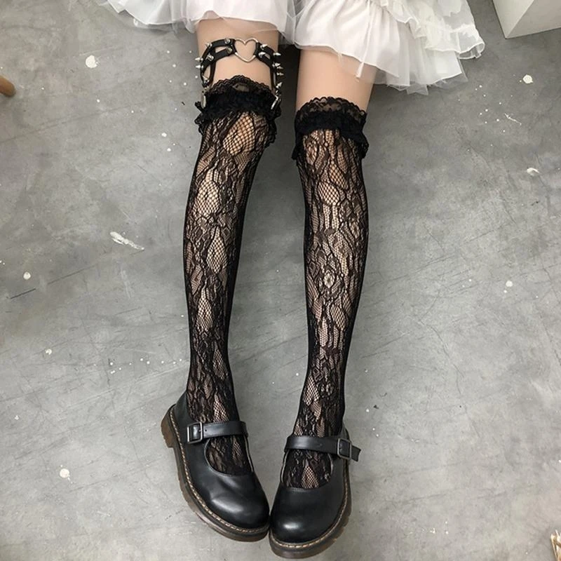 Lace Ruffle Frilly Long Tube Socks Women Stocking Gothic Studded Heart Garters Leg Ring Elastic Punk Harness Garter