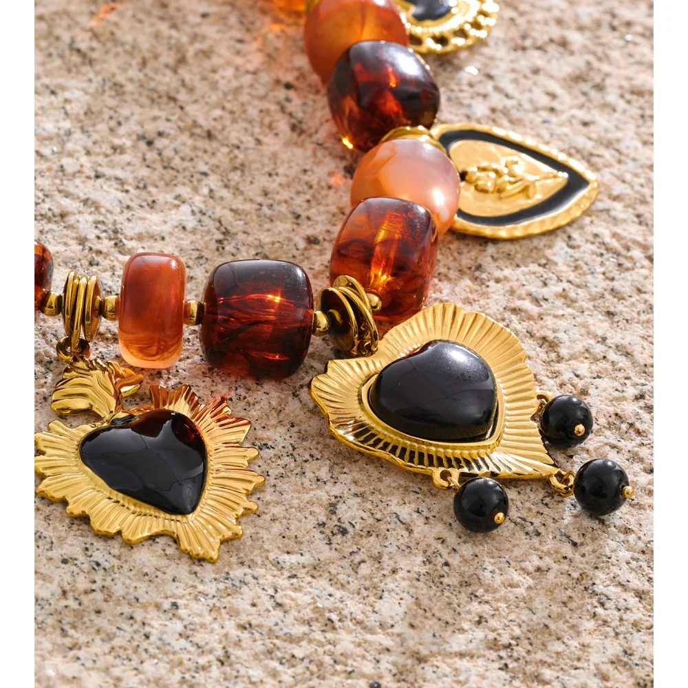 Yhpup New Arrivals Resin Beads Chain Heart Drop Handmade Necklace Waterproof Distinctive Charm Jewelry Accessories Waterproof
