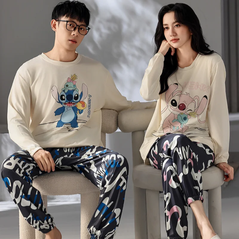 Disney Stitch couple pajamas new round neck pure cotton cartoon loose warm men\'s women\'s pajamas loungewear two-piece set