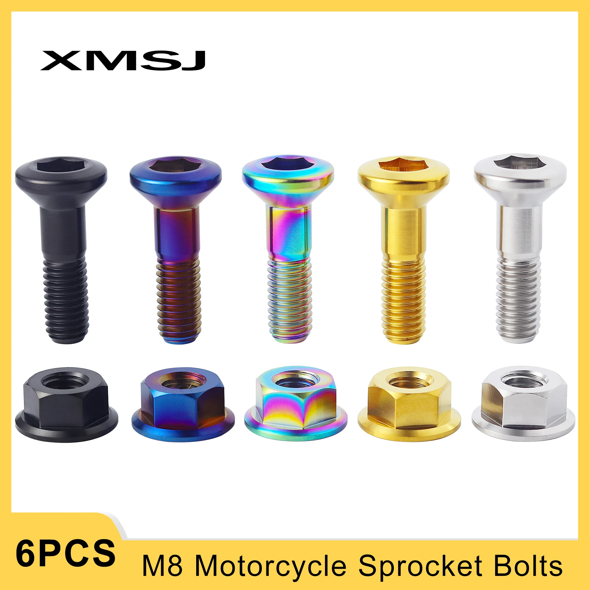 

XMSJ M8 Sprocket Bolts Motorcycle Rear Chain Disc Bolts Chainwheel Chain Disk Plate Titanium Screws Nuts Chainring Fastener 6pcs