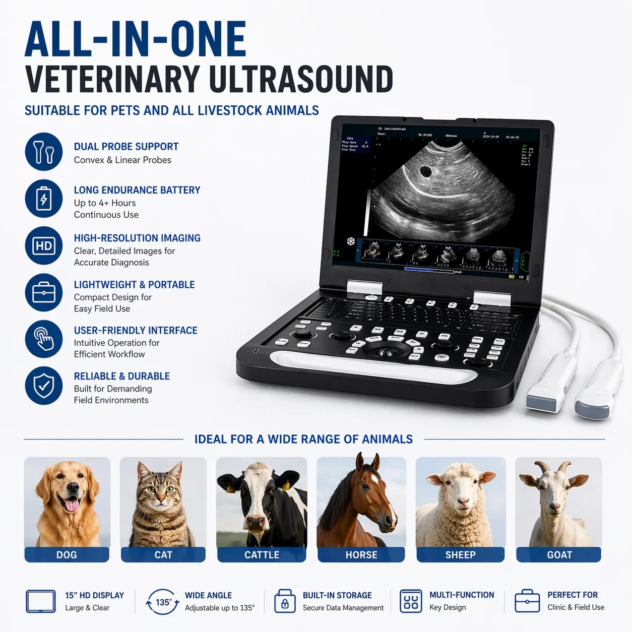 BV-N60 fully digital veterinary ultrasound machine, 15-inch LCD portable scanner with dual probes for animal  testing