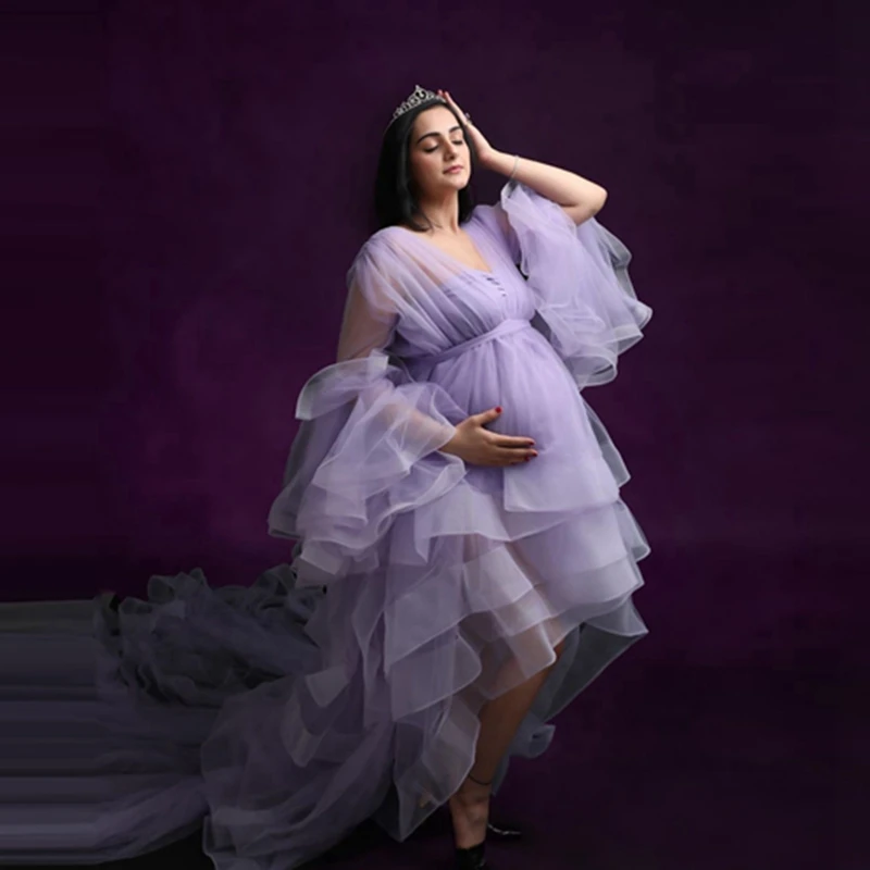 Photo Shoot Sheer คลอดบุตรชุด Flare Extra Puffy Lilac ตั้งครรภ์ชุดคลอดบุตร Tulle Gowns สำหรับอาบน้ำเด็ก Ruffle