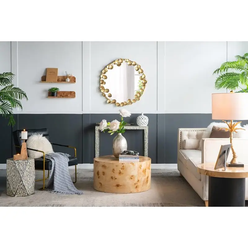 مرآة حائط معدنية مستديرة مقاس 35 بوصة مع لمسات أوراق الذهب، ديكور حديث لمدخل غرفة المعيشة، لهجة منزلية أنيقة #2