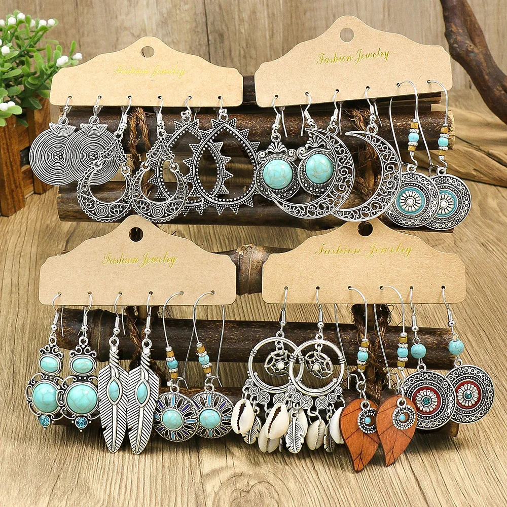 Ethnic Style Zinc Alloy Drop Earring Turquoise Combination Set Silver Plated Geometry Hollow Design Leaf Feather Shell Gift