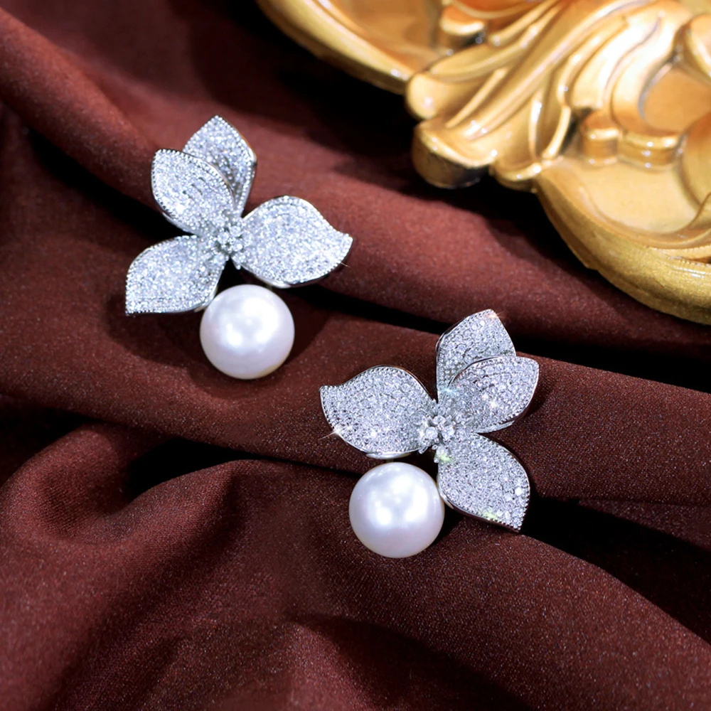 BeaQueen الساحرة الكاملة زركون معبد زهرة كبيرة اللؤلؤ الأبيض وأقراط للنساء الذكرى هدايا عيد الأم E1150