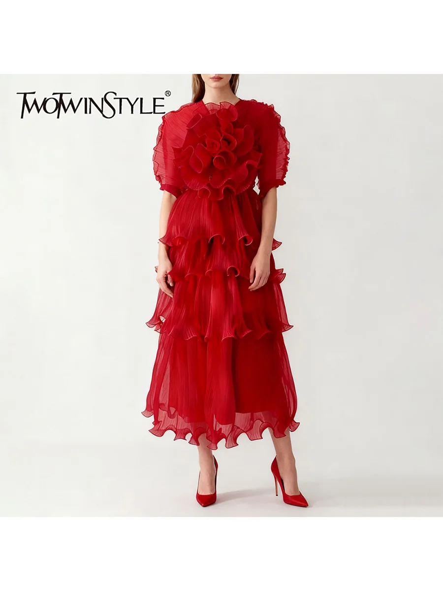 

TWOTWINSTYLE однотонные платья со складками и оборками для женщин, женское платье с круглым вырезом и половиной рукавов, высокой талией, лоскутное платье с 3D цветами, новинка