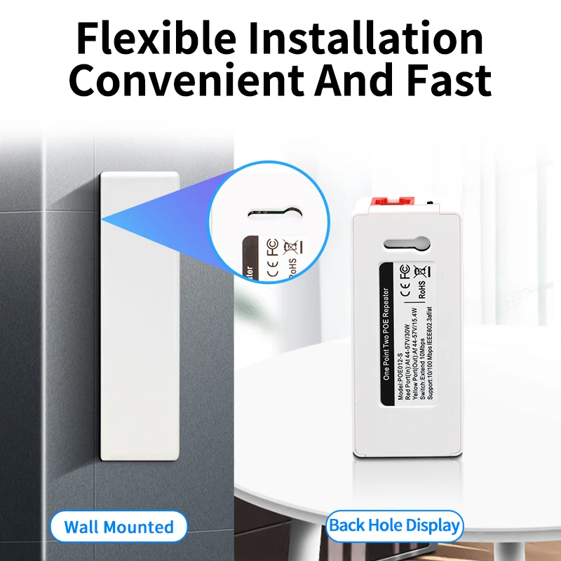 HORACO Repetidor POE de 2 portas 100Mbps 1 a 2 Extensor PoE com IEEE802.3af/at Plug & Play 48V para Switch PoE NVR Câmera IP AP