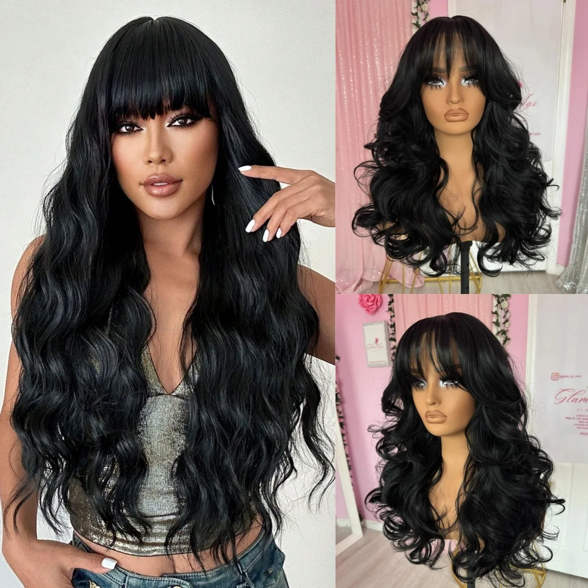 

Черный длинный парик с волнистыми волосами и челкой, 13x4 HD, с кружевной передней частью, для женщин, без клея, высокого качества, готовый к ежедневному использованию