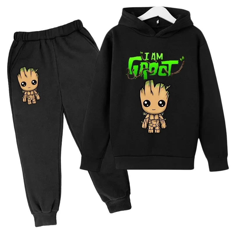 Kawaii Baby Groot Print Hoodie Children's Fashion Street Hoodie+Pants Suit Casual Jogging Sweatshirt I Am Groot Funny Cartoon G