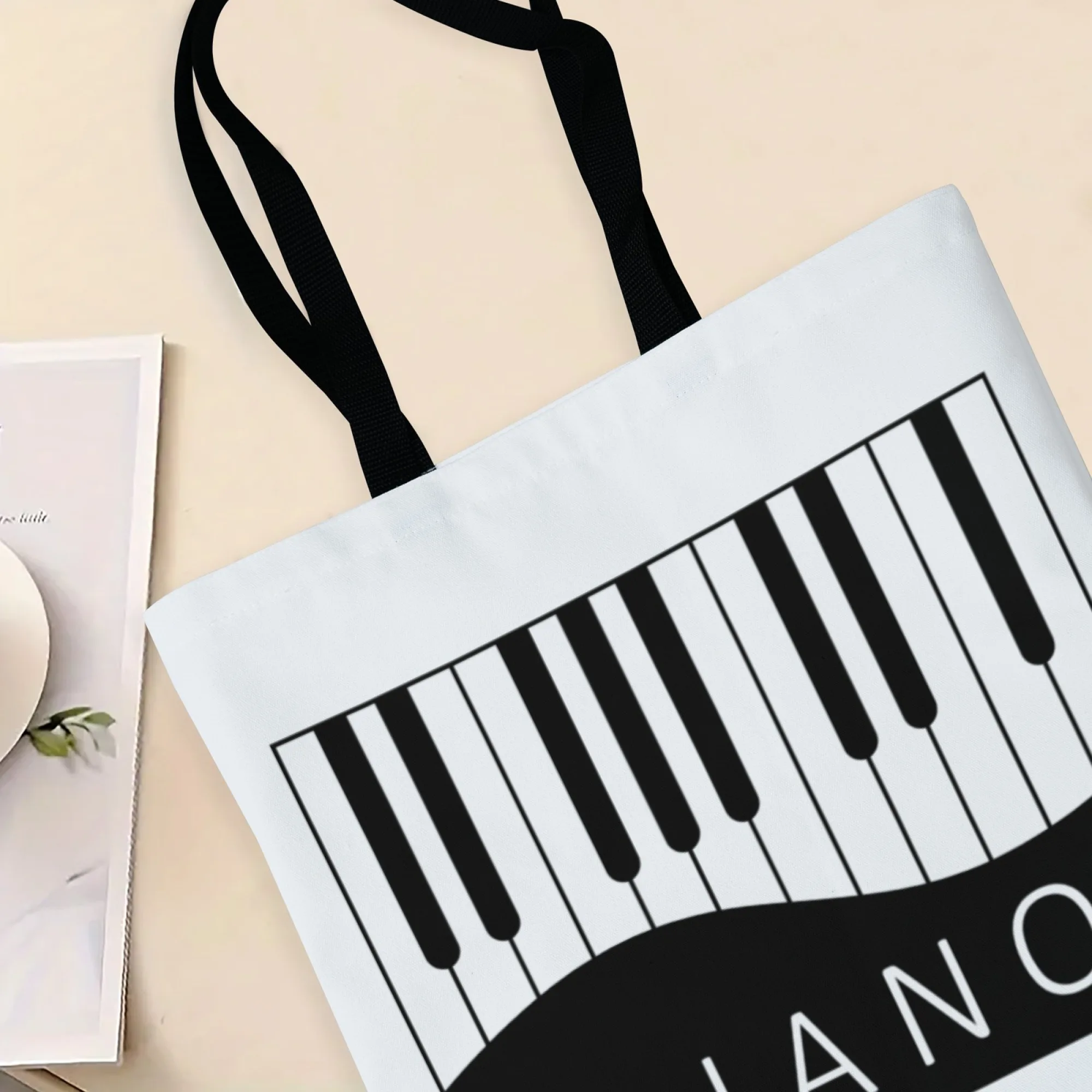 Black White Piano Keyboard Pattern Tote Bag Music Note Print Canvas Reusable Shoulder Bag Daily Shopping Bag for Music Fans