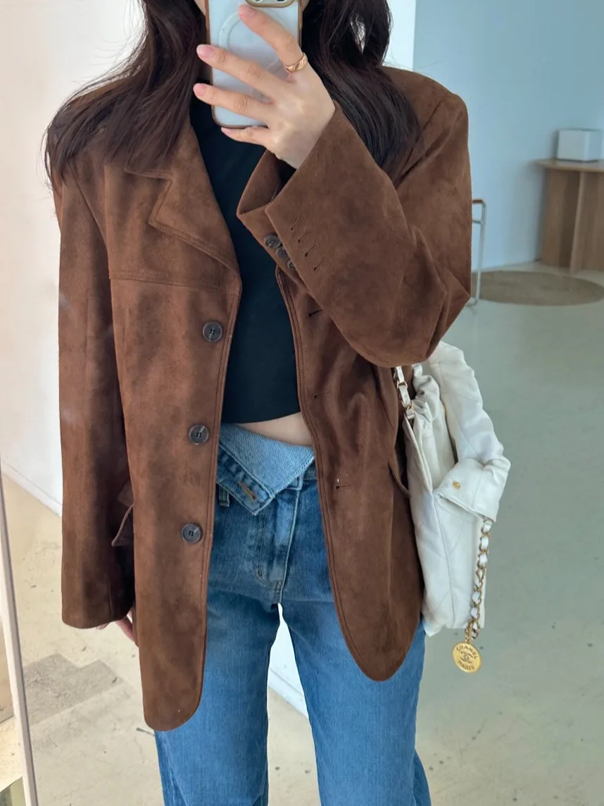 Jaet en cuir et velours pour femmes, bouton unique, Hong Kong Sle, rétro, Chic, ample, polyvalent, sensation haut de gamme, tendance, automne