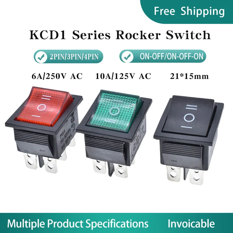 

100/500 PCS KCD1 Series Rocker Switch 2PIN/3PIN/4PIN 10A/125V AC&6A/250V AC 21*15mm Snap On Boat Car Rocker Power Switch