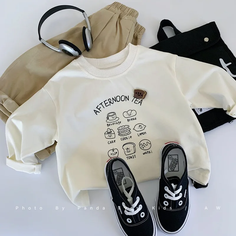 Boys Children Long-sleeved T-shirt  Grils Cartoon Pure Cotton Base Shirt Spring Autumn Korean Loose Casual Top Solid