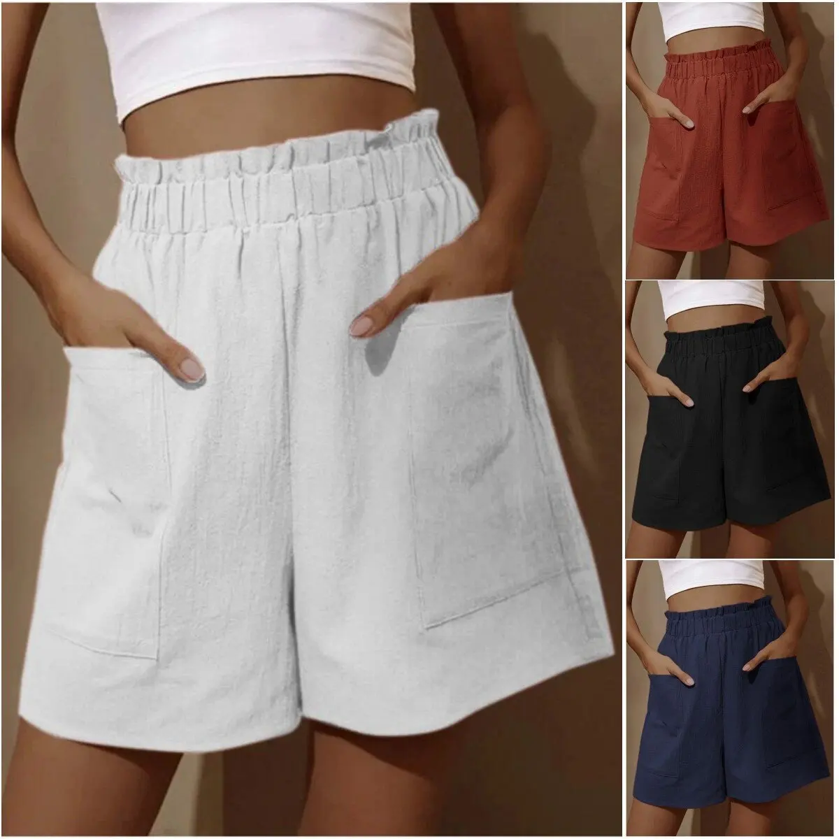 European and American women\'s cotton and linen flower bud high waist shorts fashionable large wide leg casual shorts