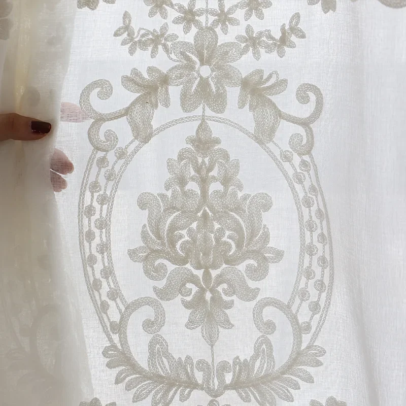 European Style Voile Tulle Sheer for Bedroom Living Room Windows Curtain High-grade White Embroidery Flower Screens