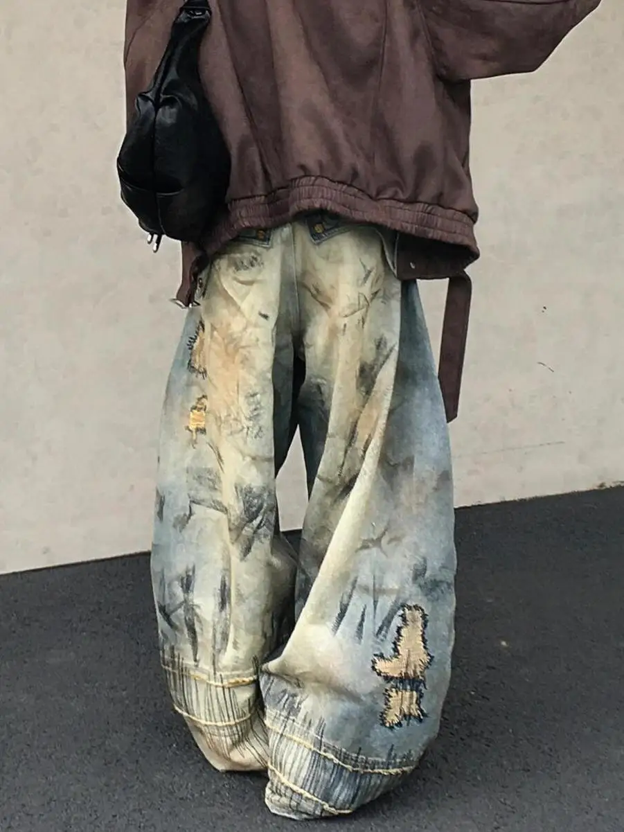 Pantalon en Denim brodé de Style American Street Destruction, surdimensionné, rétro, lavage, personnalité, mode, ample, décontracté, jambes larges