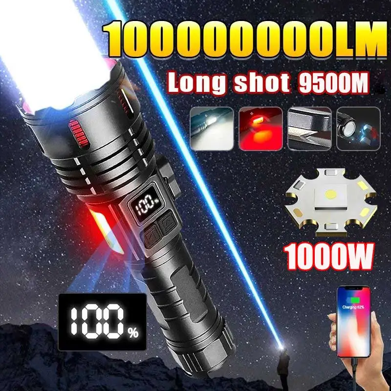 

2024 100000000LM High Power Rechargeable LED Flashlight Work 28H Illumination 9500M Ultra Powerful Led Torch With Magnet Lantern