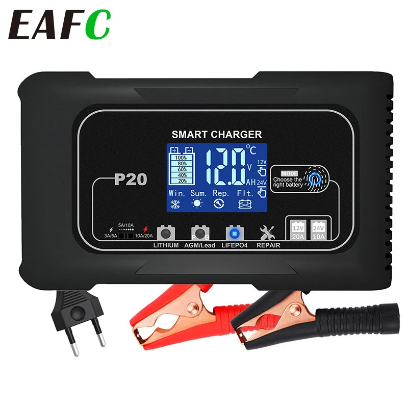 12V/24V 10A/15A/20A Car Battery Charger Smart Charger for Lead-Acid PB LiFePO4 Battery 7-Stage Automatic Car Motorcycle Charger