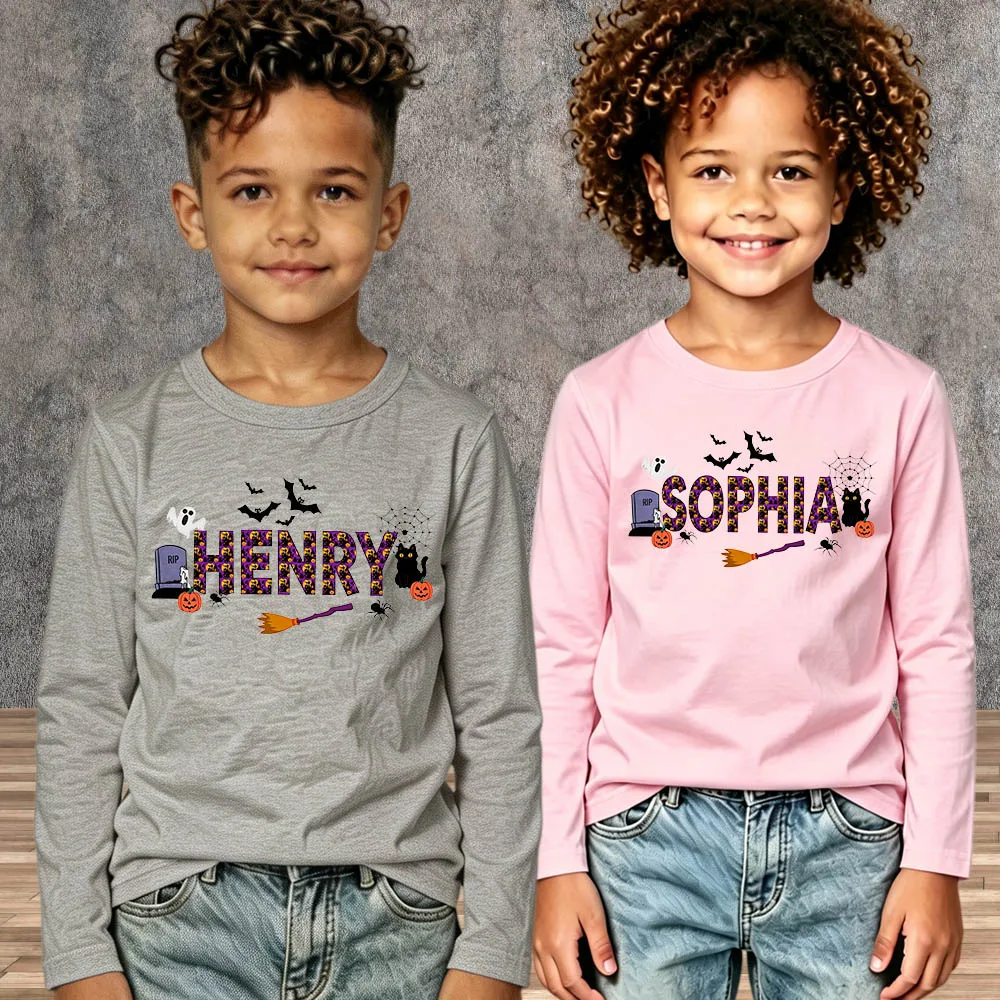 Boys Girls Children Personalized Toddler Halloween T-Shirt Custom Name Trick or Treat Cotton Long Sleeve Kids Festival Tops