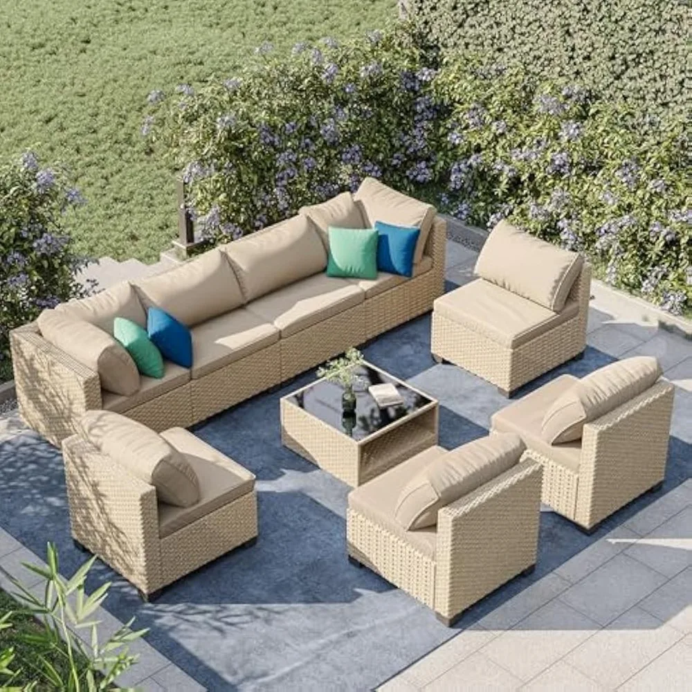 

9-Piece Patio Furniture Set, Outdoor Conversation Set Sectional Sofa with Water Resistant Beige Thick Cushions and Storage Table