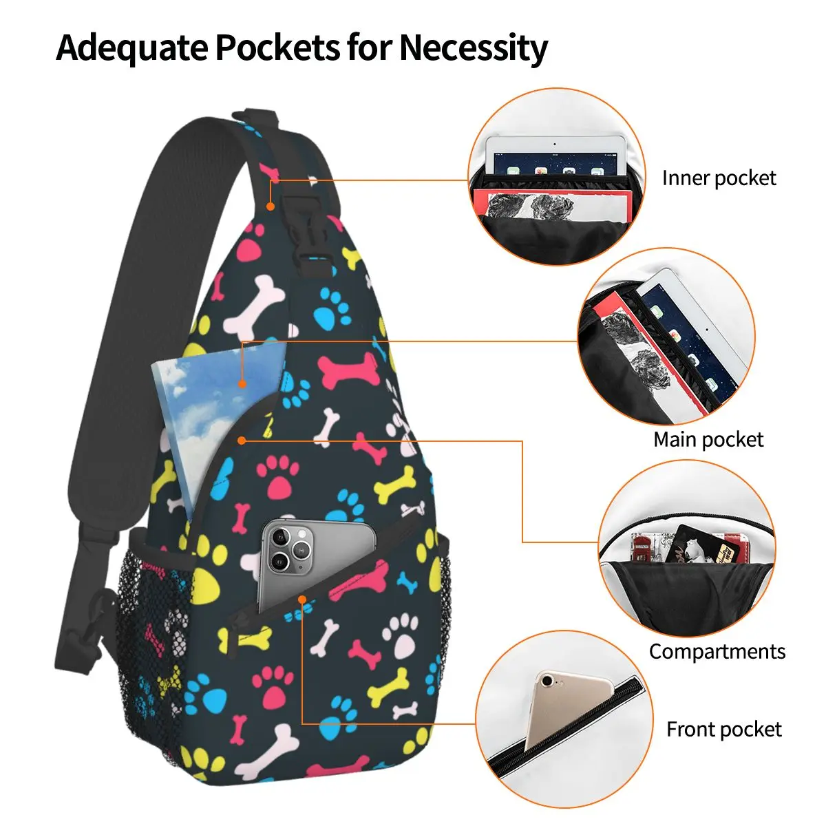 Cool Pet Dog Paw Sling Bag Chest Crossbody Shoulder Backpack Outdoor Sports Daypacks Bones Prints Fashion Bag