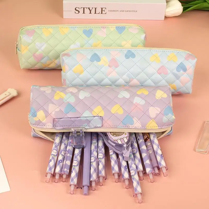 1Pcs Fashion Portable Pencil Bag Heart Pattern PU Waterproof Pencil Case Student School Supplies Back-to-School Essentials
