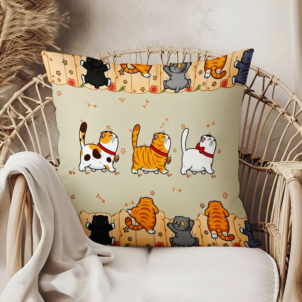 Cute Cartoon Cat Print Square Throw Pillow Case Beige Kitten Pattern Decorative Cushion Cover For Living Room Sofa Bedroom Home