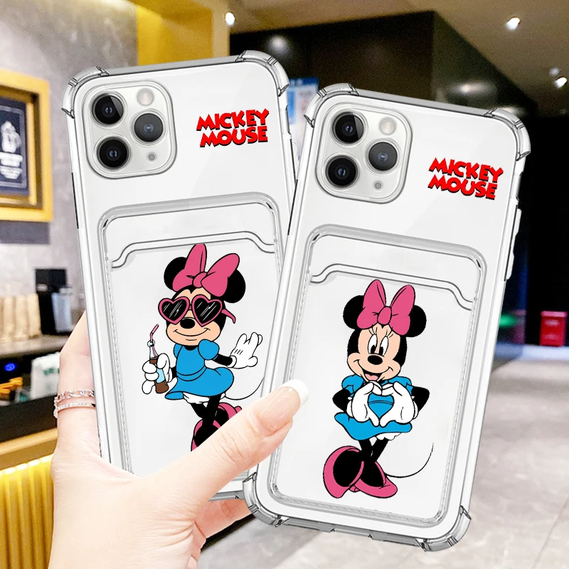 

Disney Mickey Mouse Cute For iPhone 15 14 13 12 11 XS XR X 8 7 Pro Max Plus Mini Photo Card Bag Transparent Funda Phone Case