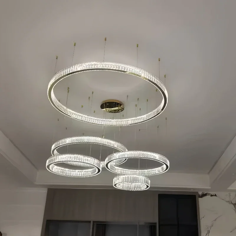 Luxury Gold Chrome Metal Chandeliers Modern Clear Crystal LED Pendant Light Hotel Villa Restaurant Remote Control Hanging Lamps