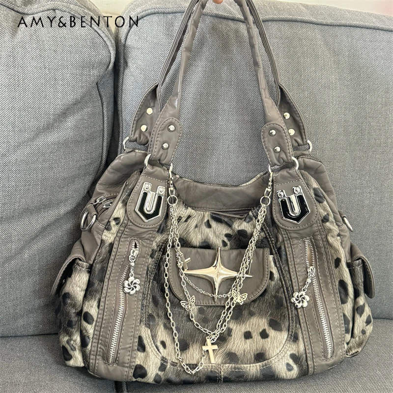 

Original Leopard Print Subculture Retro Chain Handbags Y2k Spice Girl Large Capacity Tote Bag Goth Shoulder Messenger Bag Women