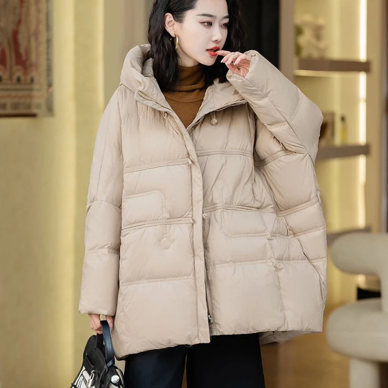 Hooded Down Jacket for Women, Warm Coat, Collision Design, Korean Version, Casual Parker Coat, Winter, New, 2024