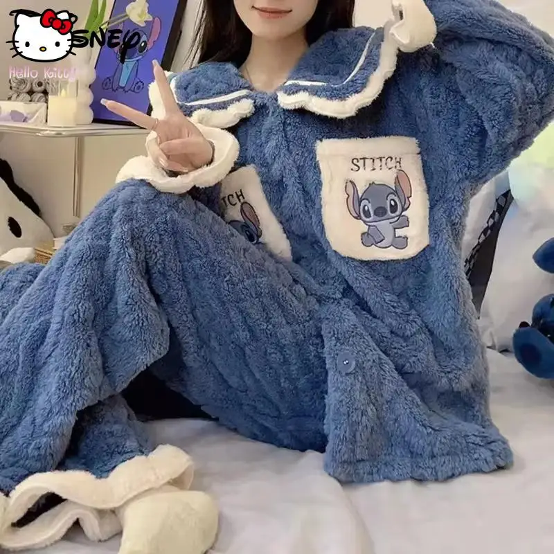 

New Cartoon Stitch Coral Fleece Thickened Pajamas Women Autumn Winter Cute Home Clothes Sweet Soft Girl New Sleepwear Kawaii