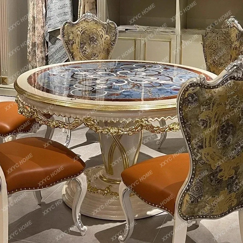 QQFrench Court Style Solid Wood Round Dining Table And Chairs European Shell Painted Dining Table Neoclassical Dining Table