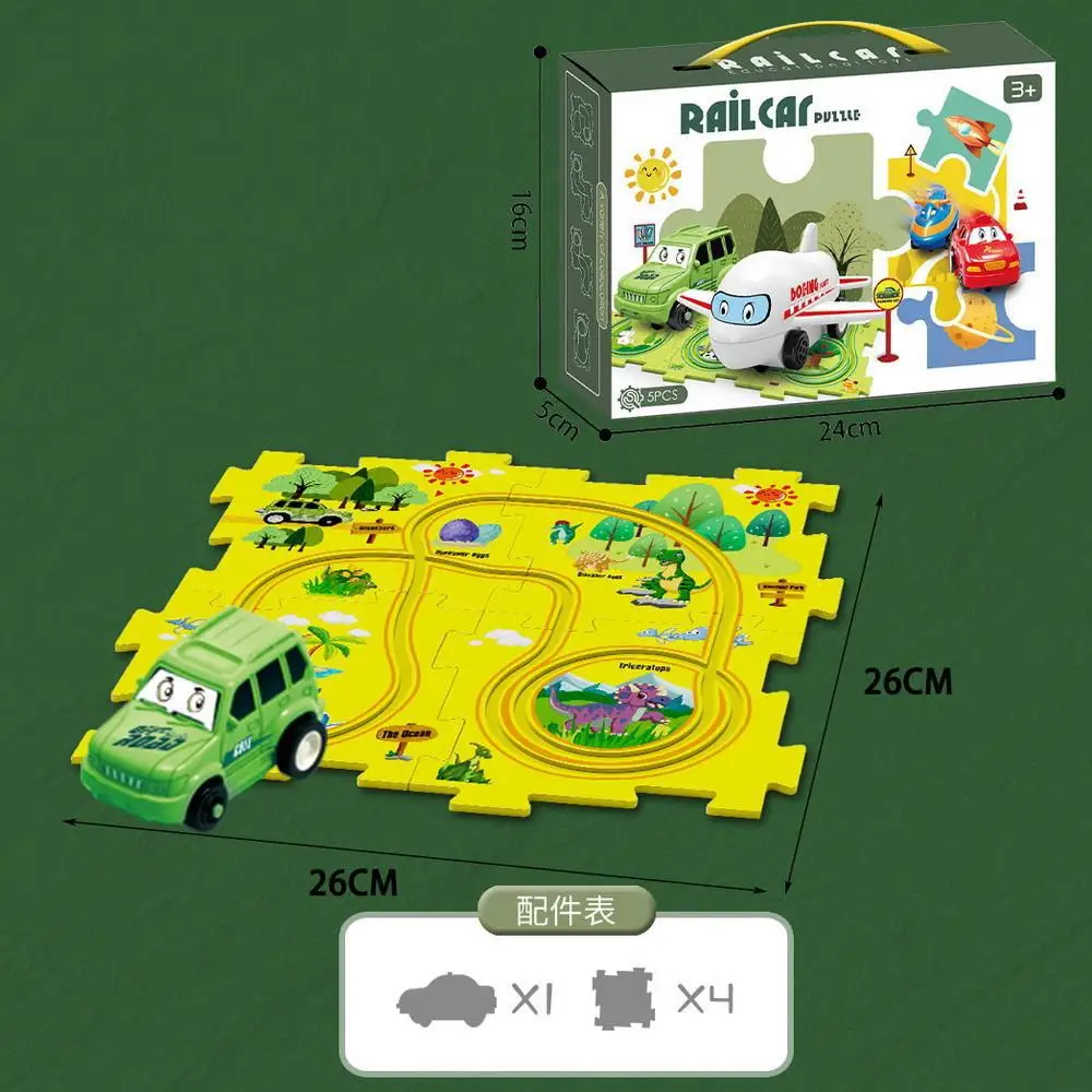 Elektrische CaElectric Auto 5 stücke Dinosaurier Szene Kinder Spaß Puzzle Elektrische Montage Schiene Auto Puzzle Kreative Spielzeug Box Verpackung B019