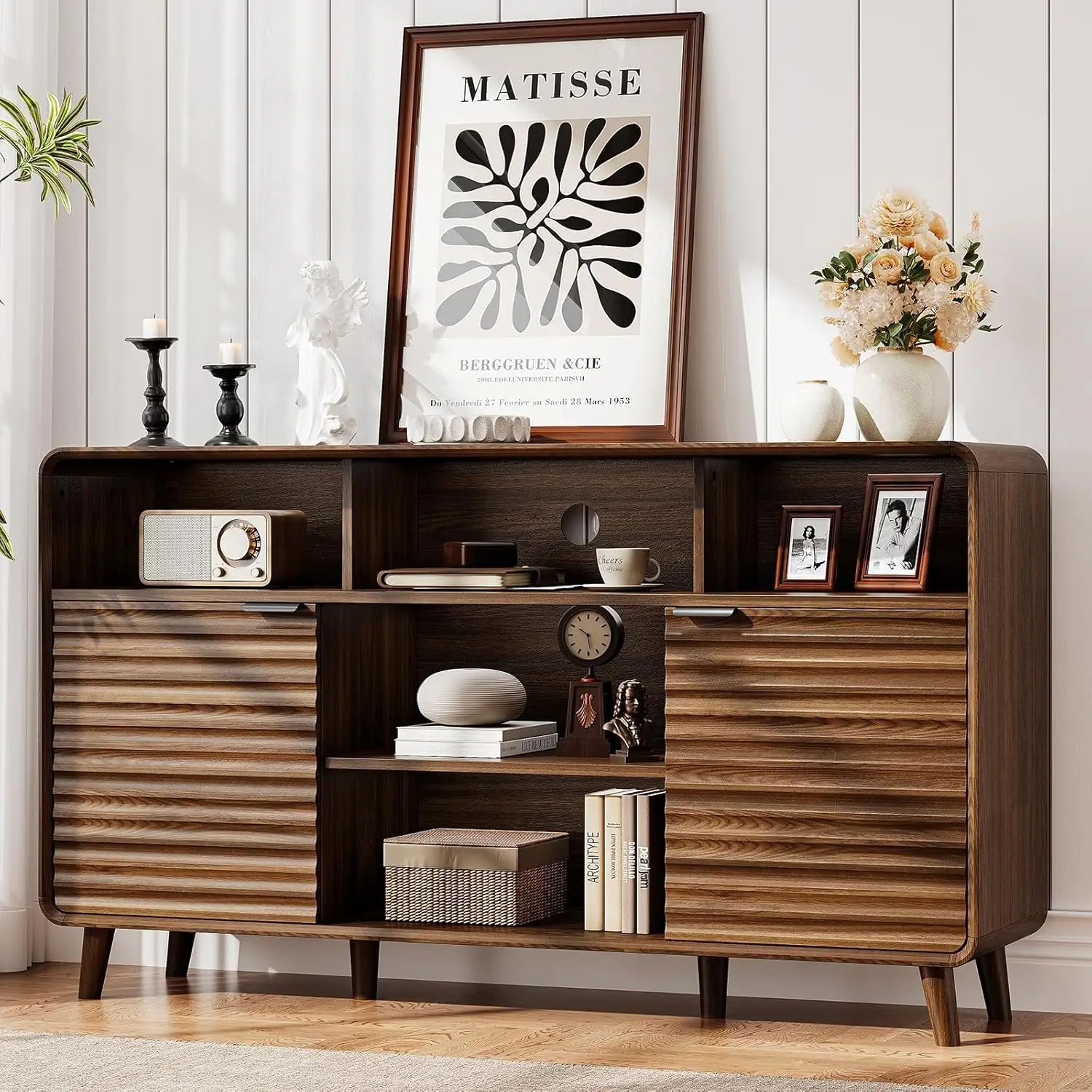 

58 Inch Curved Sideboard Buffet Cabinet W/2 Wave Doors And Open Storage Spaces, Angled Side Frame, Sideboard, Customized