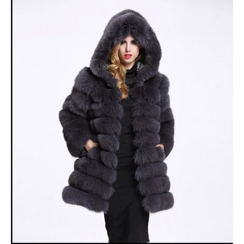 

Faux Fur Coat for Women in Europe and America New Mid Length Patchwork Hood Thickened Warm Coat