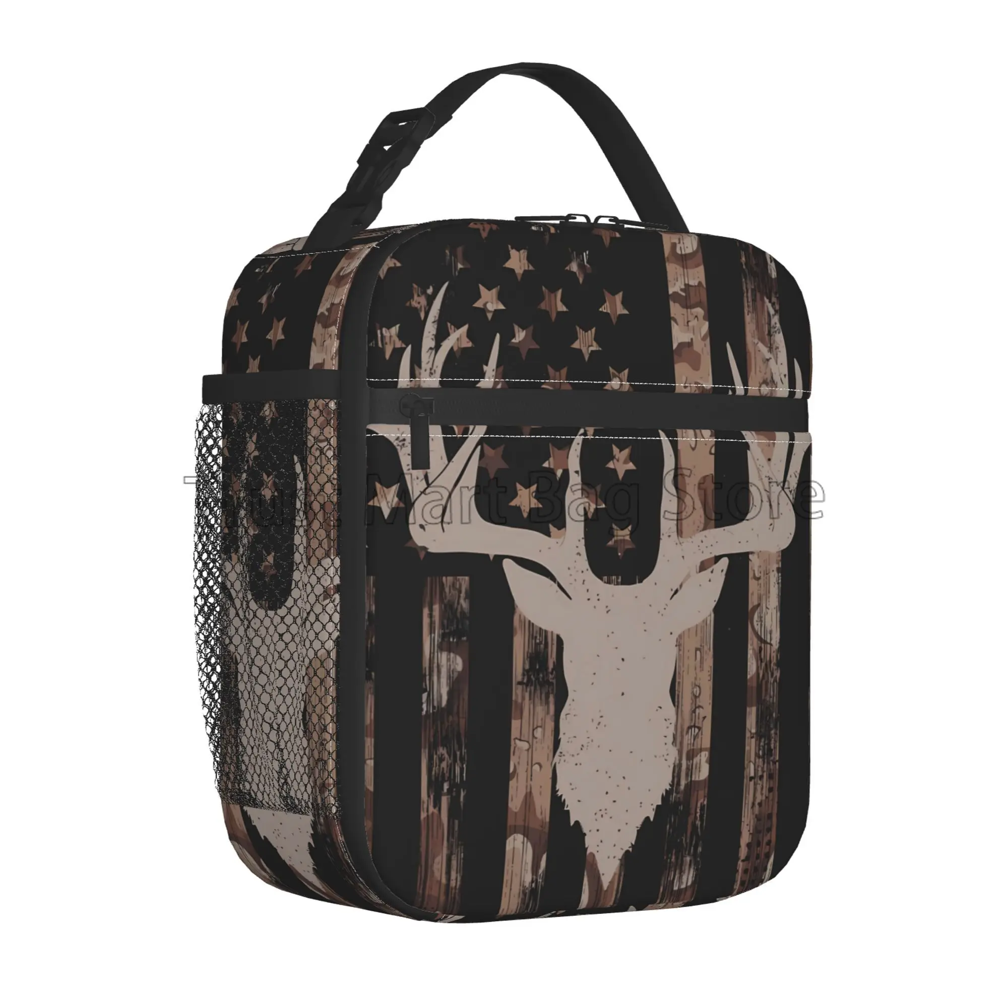 Camo Retro Hunting Tactical Army American Flag Deer Insulated Lunch Bag Protable Thermal Tote Bag Reusable Cooler Bento Tote Bag