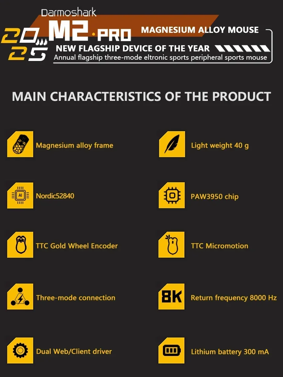 Darmoshark M2PRO 8K Wireless Bluetooth Tri-mode Gaming Mouse N52840 PAW3950 30000DPI Optical Mice Magnesium Alloy Hollow Design