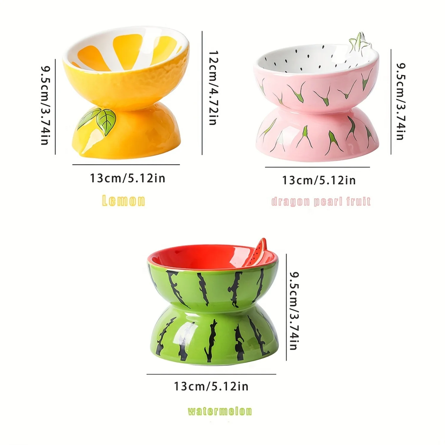 Raised Ceramic Cat Bowls, Elevated Neck-Protective Pet Feeding Dishes for Cats and Small Dogs, Fruit-Themed Water and Food Bowls