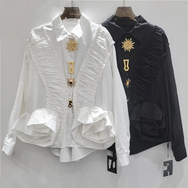 

Женская рубашка-топ с отложным воротником и декоративными складками, однобортная, для офиса, весна-лето 2026