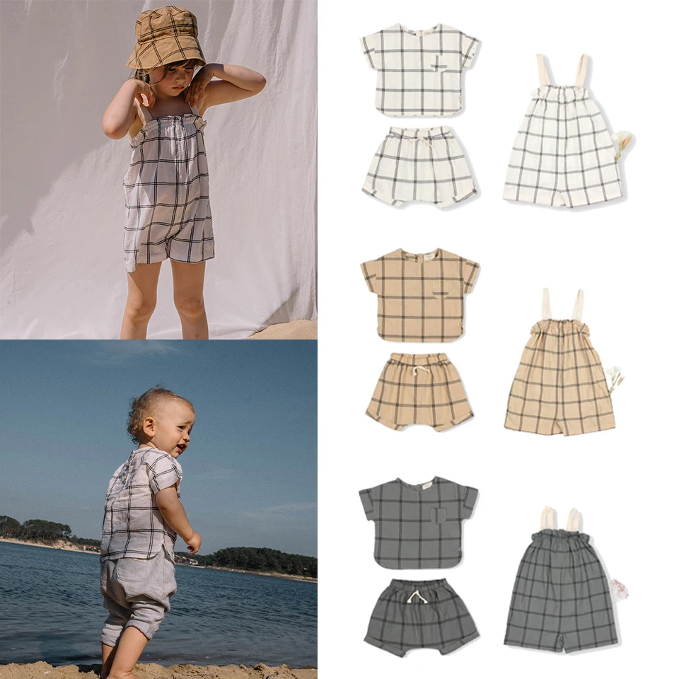 Buho Brand New Summer Kids T-shirts Shorts Children Girls Rompers Pants Toddler Girl Plaid Dress 2 Piece Sets Baby Boys Clothes