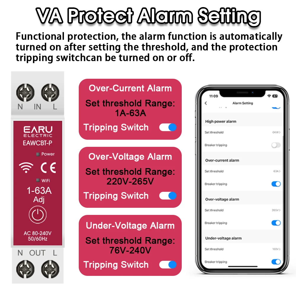 Tuya WiFi Smart Circuit Breaker MCB 1P+N 63A Timer Power Energy kWh Voltage Current Meter Protector Voice Remote Control Switch