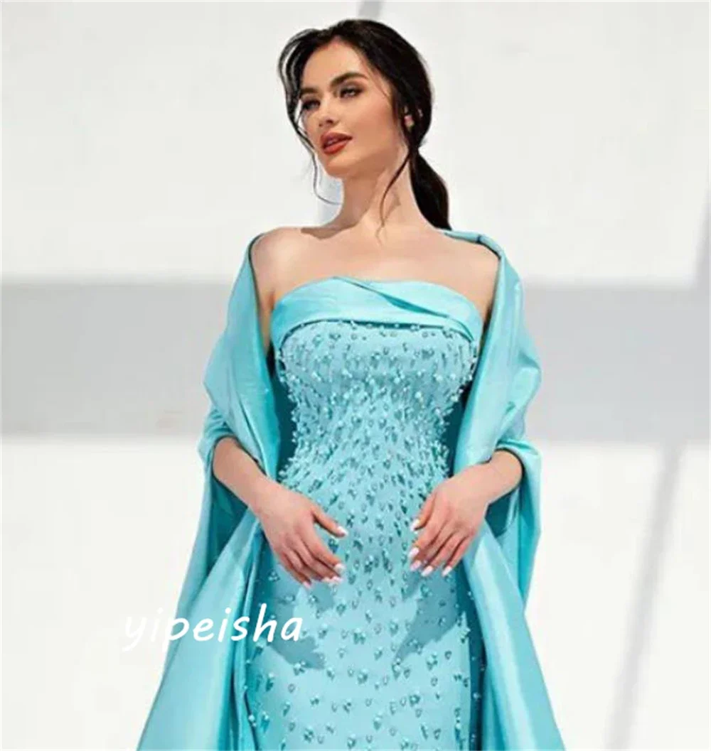 Customized Exquisite Prom Casual Strapless Sheath Formal Ocassion Gown Stole Beading Floor Length Skirts Charmeuse Evening Dre